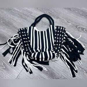 Fun Striped Fringe Knit Bag